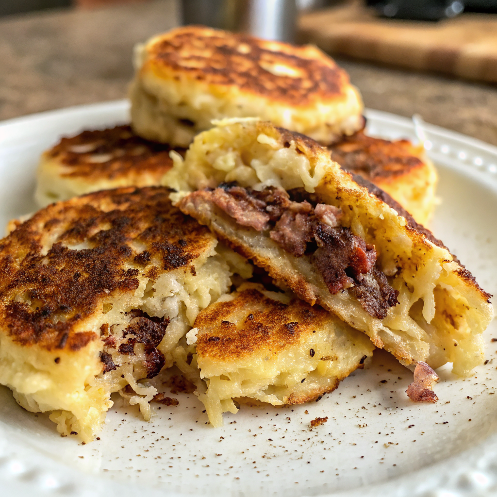 Golden brown High Protein McGriddle Bites arranged on a white plate with maple syrup drizzle and fresh berries as garnish