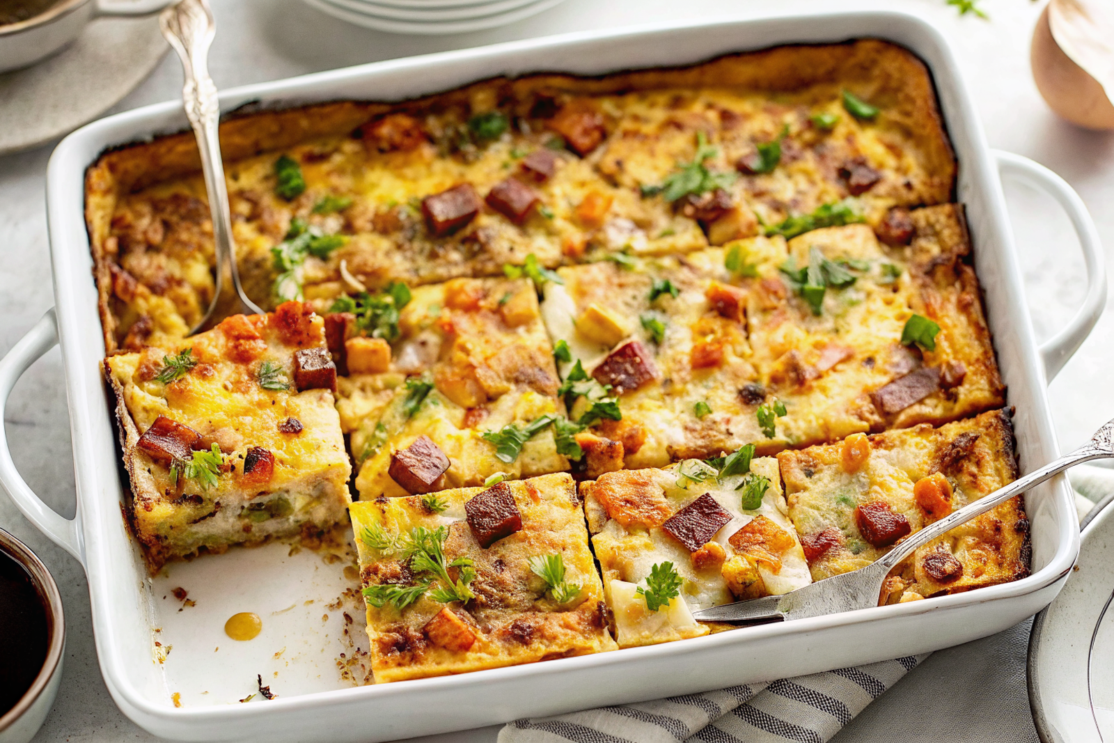 Golden-brown Ultimate Breakfast Casserole fresh from the oven, cut into perfect squares and garnished with fresh green onions, showing the beautiful layers of sweet potatoes, meat, and fluffy eggs