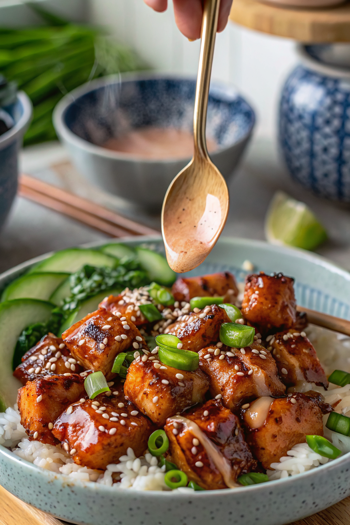 Beautiful plated sticky honey garlic salmon bites served over jasmine rice with cucumber slices, green onions, and sesame seeds, showing the glossy honey garlic glaze