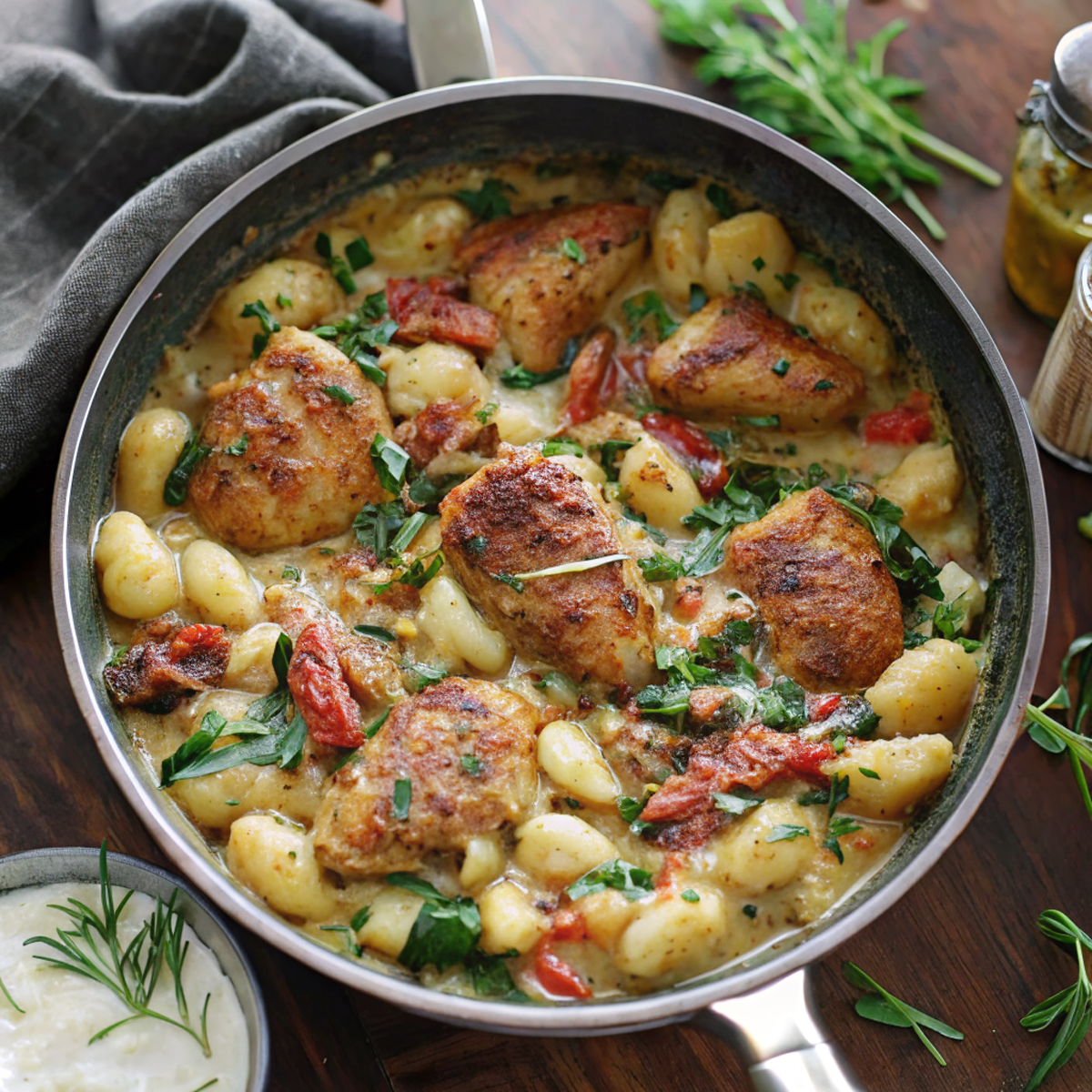 Final plated Creamy Tuscan Chicken and Gnocchi dish garnished with fresh herbs and red pepper flakes, served in a rustic white bowl