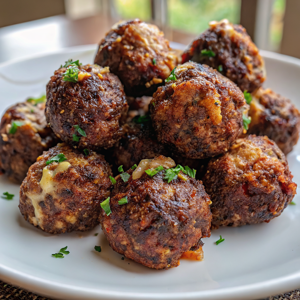 Golden brown smoked beef lentil meatballs served on a white platter garnished with fresh parsley and grated parmesan cheese