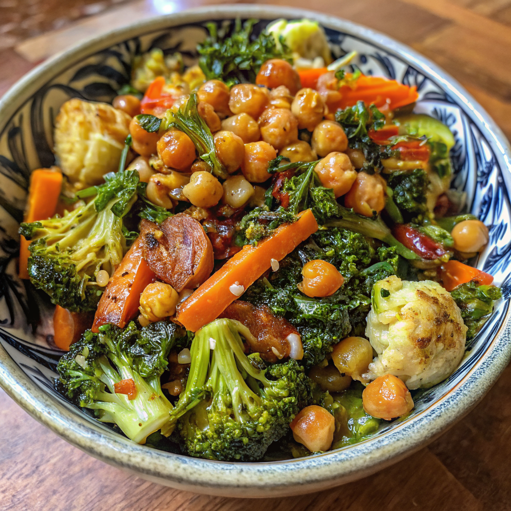 Beautiful finished Winter Veggie Chickpea Bowl served in a white bowl, garnished with fresh herbs and a lemon wedge