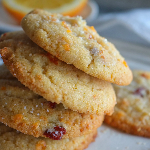 Golden brown cranberry orange cookies arranged on a white plate with fresh orange slices as garnish