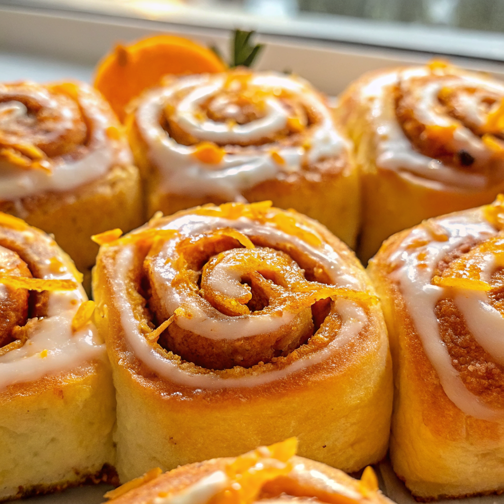 Finished orange rolls with cream cheese glaze on a serving platter, golden brown and perfectly glazed