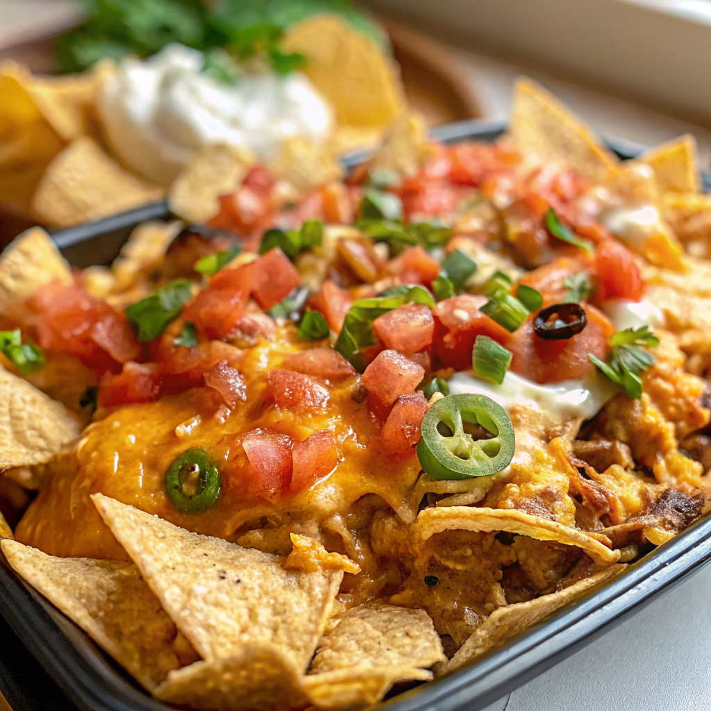 Beautiful platter of finished Crockpot Nacho Chicken served over golden tortilla chips with colorful toppings including cheese, green onions, and sour cream
