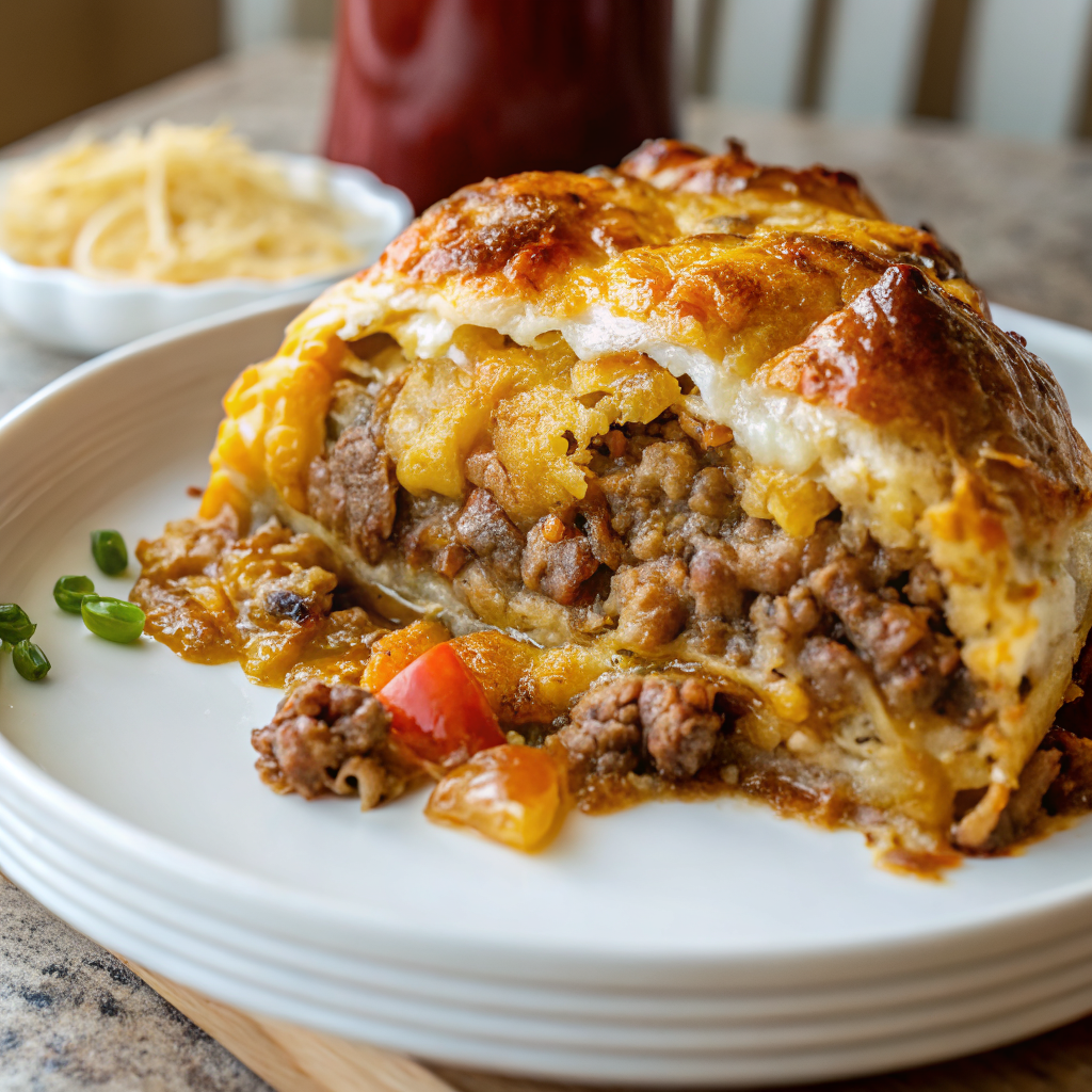 Golden-brown Runza Casserole fresh from the oven with melted cheese and perfectly baked crescent roll crust, ready to serve