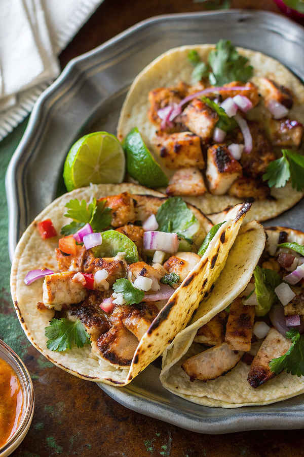 Beautifully plated grilled chicken street tacos with vibrant garnishes arranged on a rustic wooden board