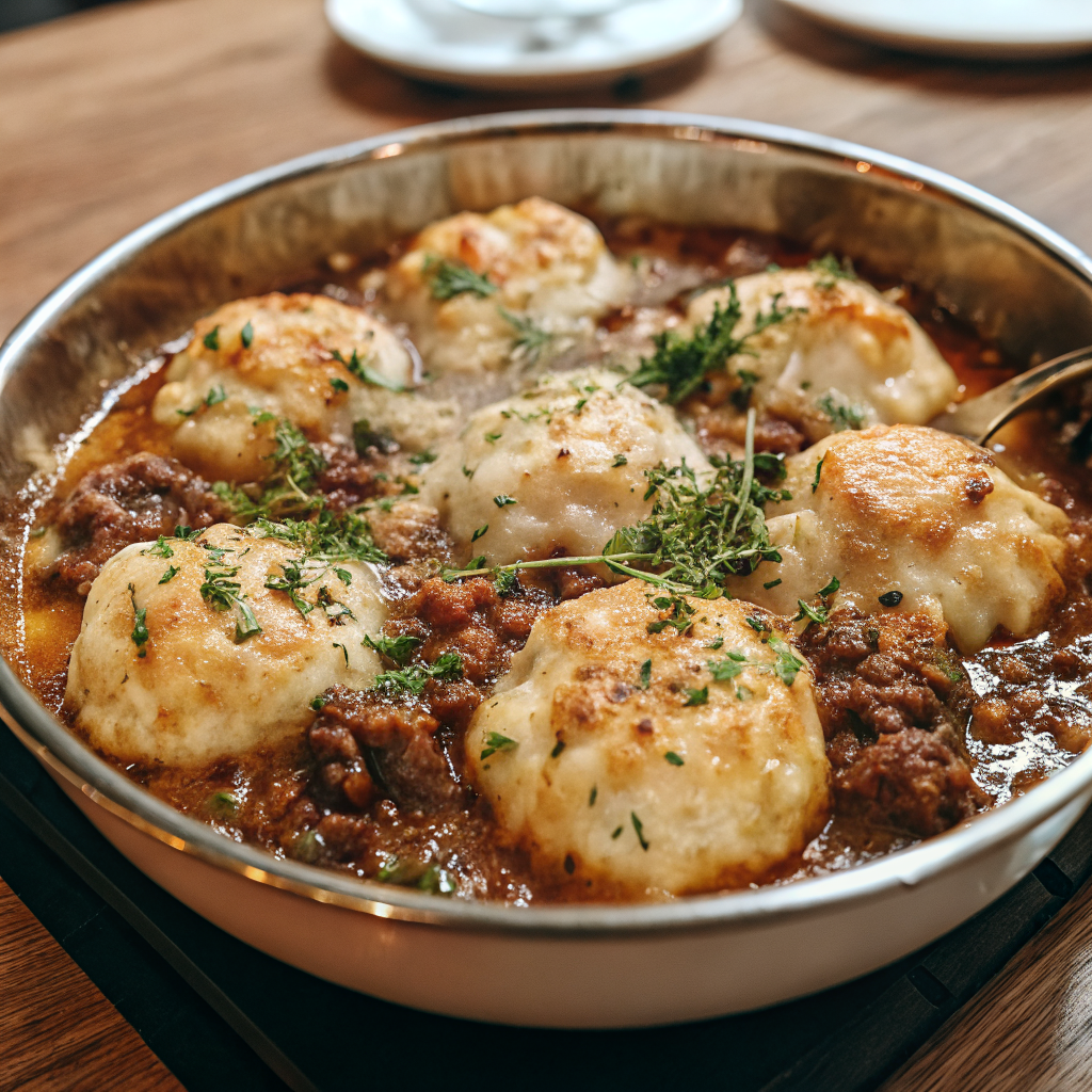 Final plated ground beef and dumplings in a rustic bowl with fresh herbs garnish and steam rising
