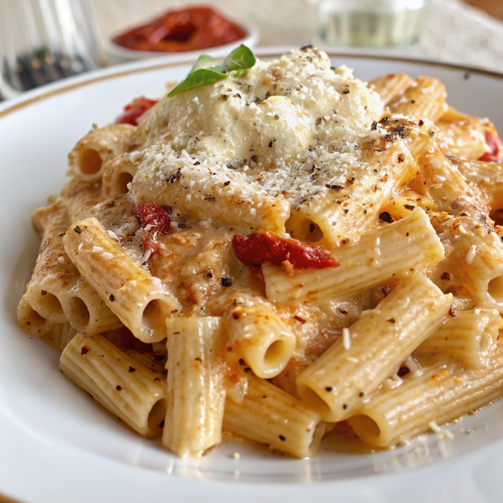 Beautiful bowl of finished Creamy Cottage Cheese Pasta garnished with fresh basil, parmesan cheese, and red pepper flakes on a rustic wooden table