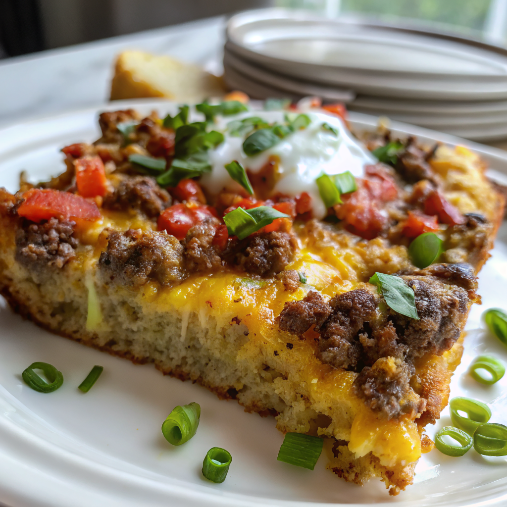 Beautiful golden Ground Beef Jiffy Cornbread Casserole Delight served on a white plate, showing the perfect layers of seasoned beef, melted cheese, and fluffy cornbread with a garnish of fresh herbs