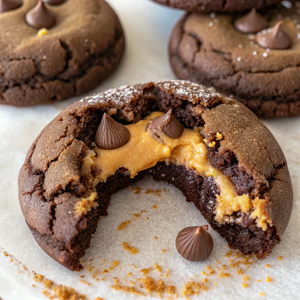 Stack of finished Chocolate Peanut Butter Filled Cookies on white plate showing the soft texture and hidden peanut butter center