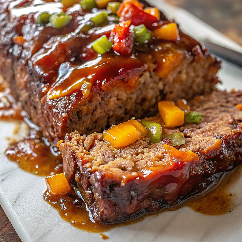 Perfectly sliced savory glaze meatloaf with glossy apricot glaze, served on a white platter with fresh herbs