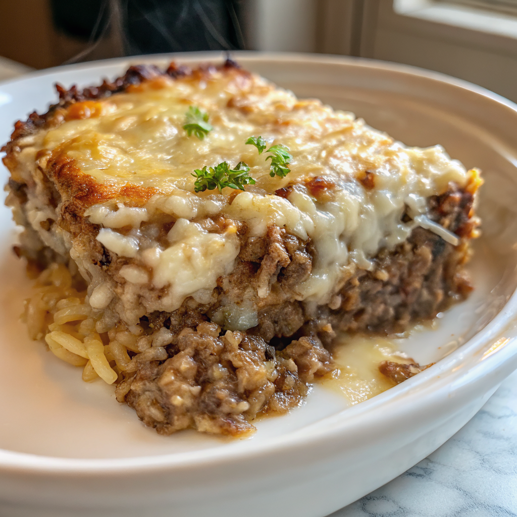 Golden, bubbly French Onion Ground Beef and Rice Casserole fresh from the oven with melted cheese and caramelized onions visible