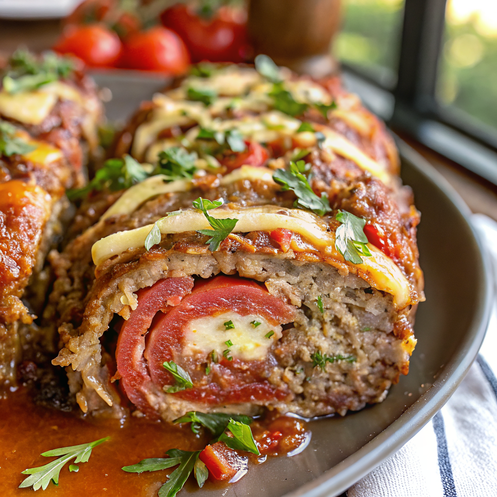 Beautiful sliced Sicilian meatloaf showing spiral layers of meat, turkey, basil, and melted mozzarella cheese served on a white plate with marinara sauce