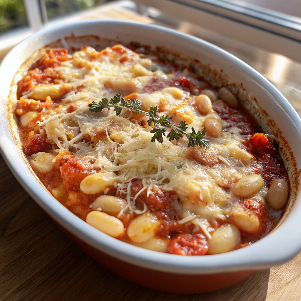 Final plated serving of hearty baked white beans with tomato sauce and golden melted cheese topping, garnished with fresh herbs and served with crusty bread