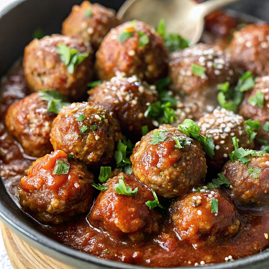 Golden-brown baked Italian meatballs on a white serving platter garnished with fresh parsley