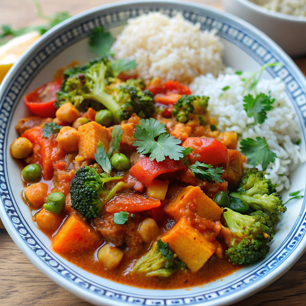 Beautiful bowl of finished easy sweet potato vegetable curry recipe served over rice with fresh cilantro garnish