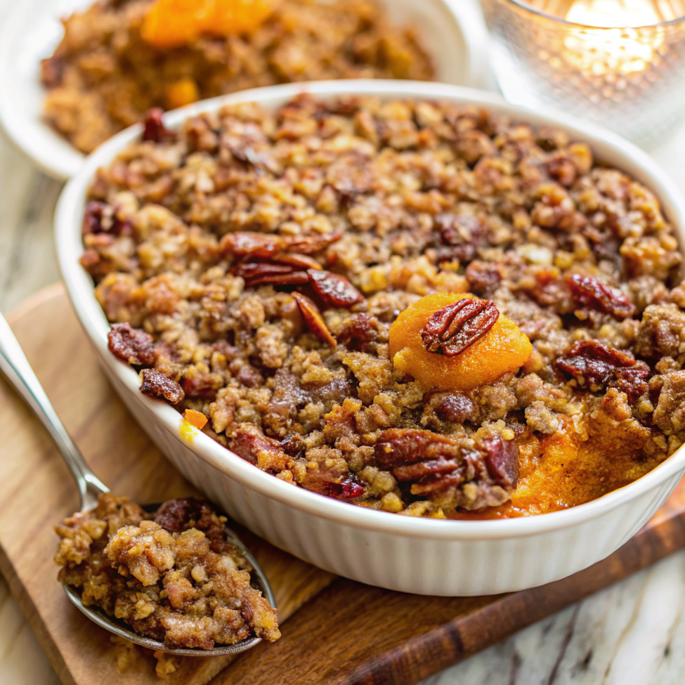 Finished sweet potato casserole with golden butter pecan crumble topping served in a white baking dish, showing the perfect texture and beautiful presentation