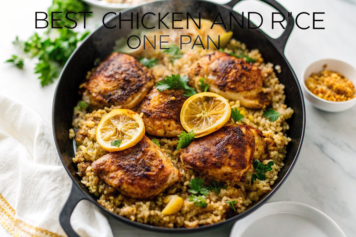 Finished Best Chicken and Rice One Pan dish served in cast iron skillet with golden brown chicken thighs over seasoned rice, garnished with fresh parsley and lemon wedges