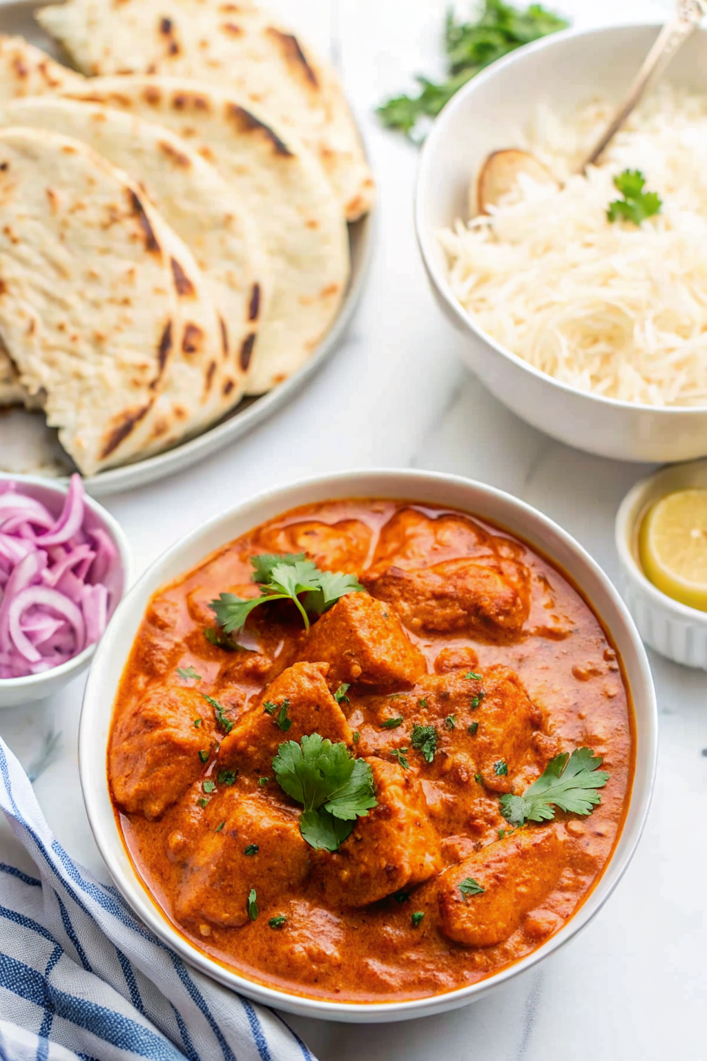 Finished slow cooker chicken tikka masala served in a white bowl over basmati rice, garnished with fresh cilantro and a dollop of cream