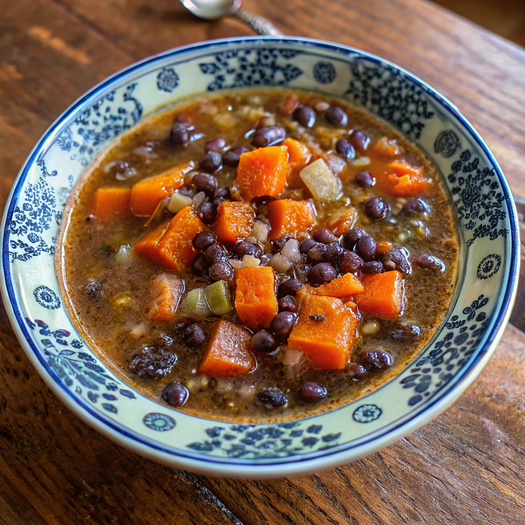 Steaming bowl of finished Sweet Potato and Black Bean Soup garnished with fresh cilantro and a lime wedge