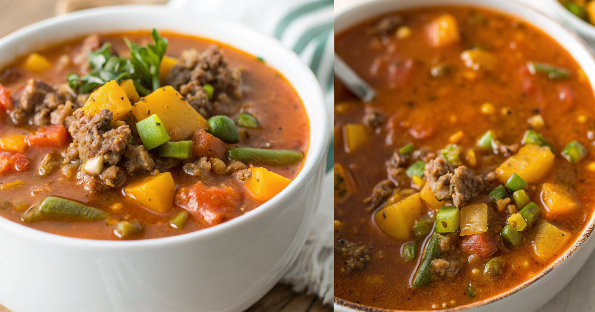 A steaming bowl of easy hamburger soup garnished with fresh herbs, served with crusty bread on a rustic wooden table