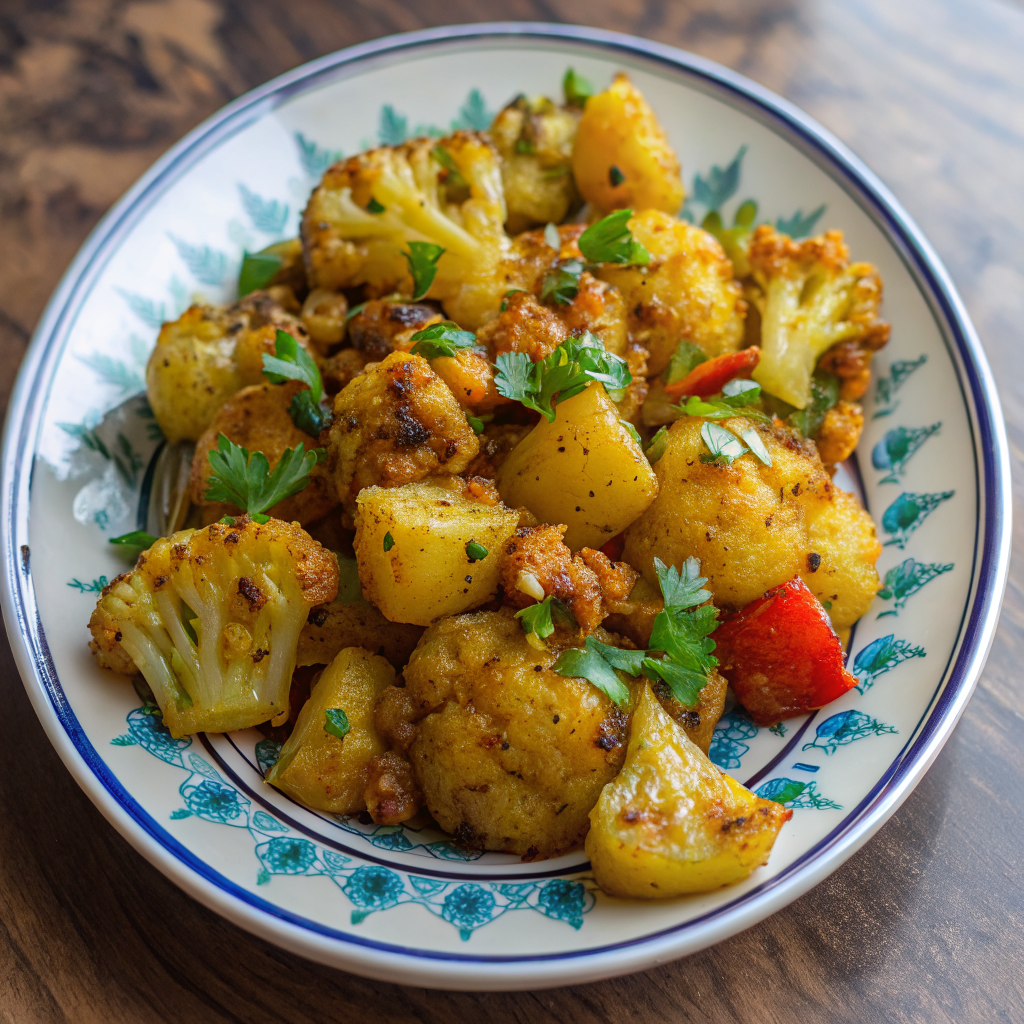 Final plated Easy Aloo Gobi Indian Spiced Potatoes Recipe garnished with fresh cilantro