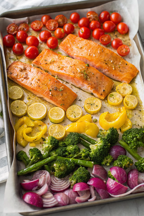 Beautifully plated Sheet Pan Honey Mustard Salmon with Rainbow Veggies showing golden glazed salmon alongside colorful roasted vegetables with lemon wedges
