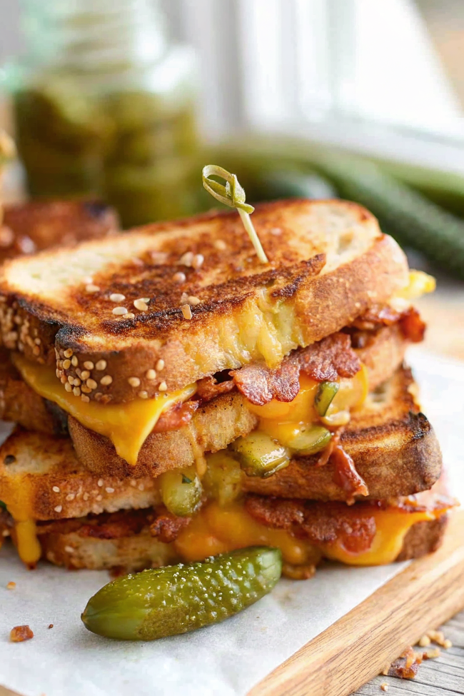 Perfectly golden dill pickle beef bacon grilled cheese sandwich cut diagonally showing melted cheese layers, crispy bacon, and bright green pickle slices on a rustic wooden cutting board
