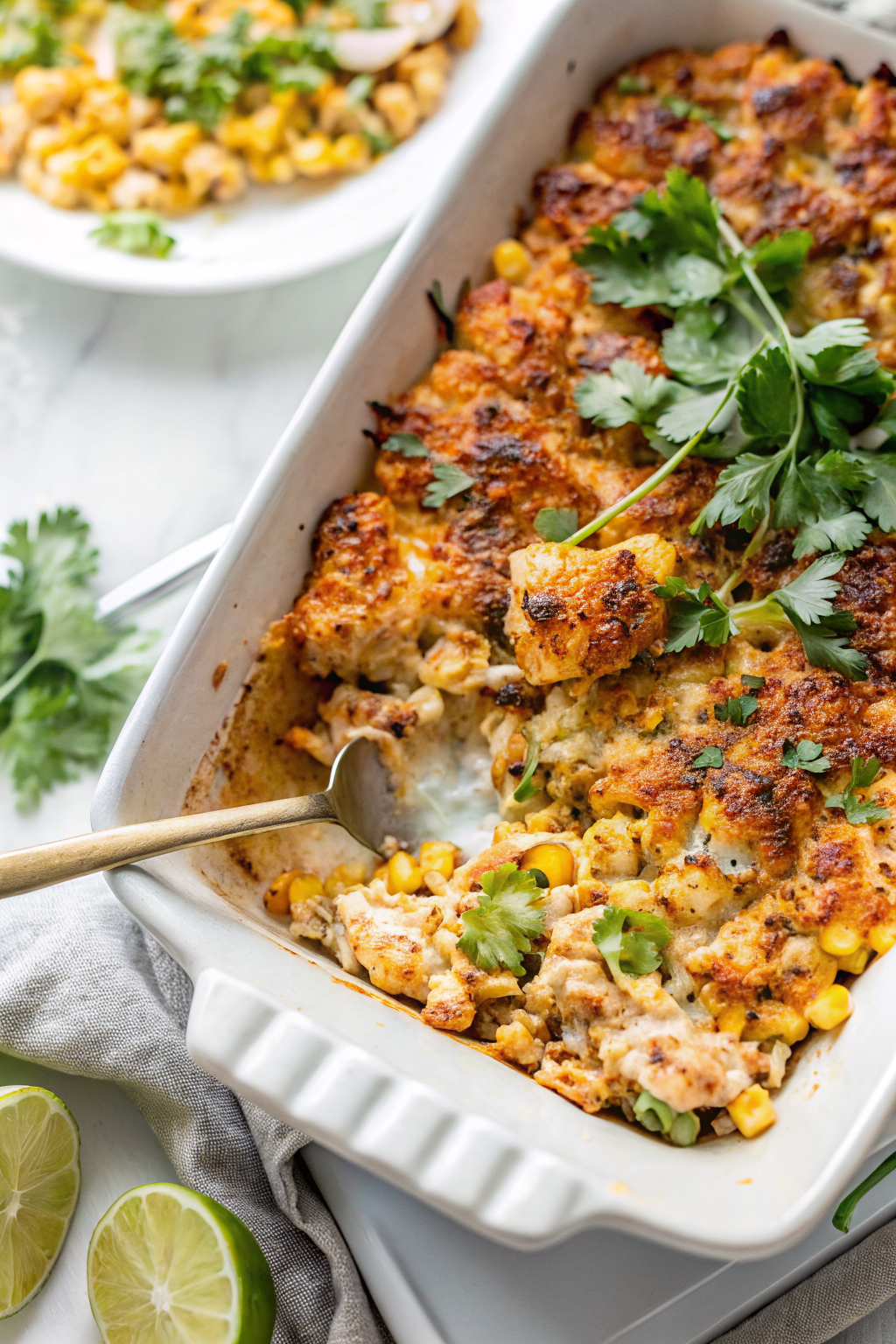 Final presentation of Mexican Street Corn Casserole with Chicken showing golden-brown top with melted cotija cheese, fresh green cilantro garnish, and perfect color contrast