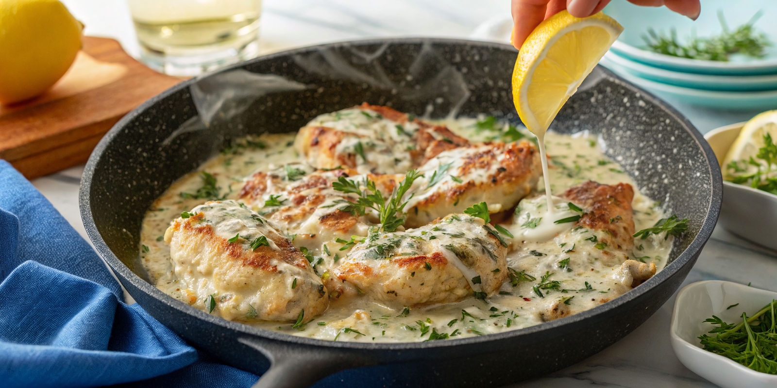 Finished creamy lemon herb chicken served on elegant white plates with fresh herbs and lemon wedges garnish