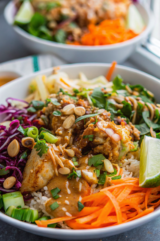 Beautiful finished Thai Peanut Chicken Buddha Bowls arranged in colorful bowls with all toppings and garnishes