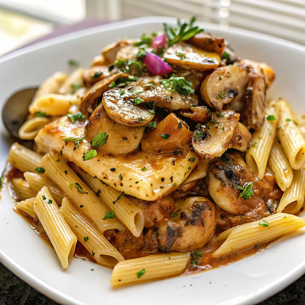 Finished Pasta Da Vinci Cheesecake Factory Copycat dish served in an elegant bowl with fresh parsley garnish