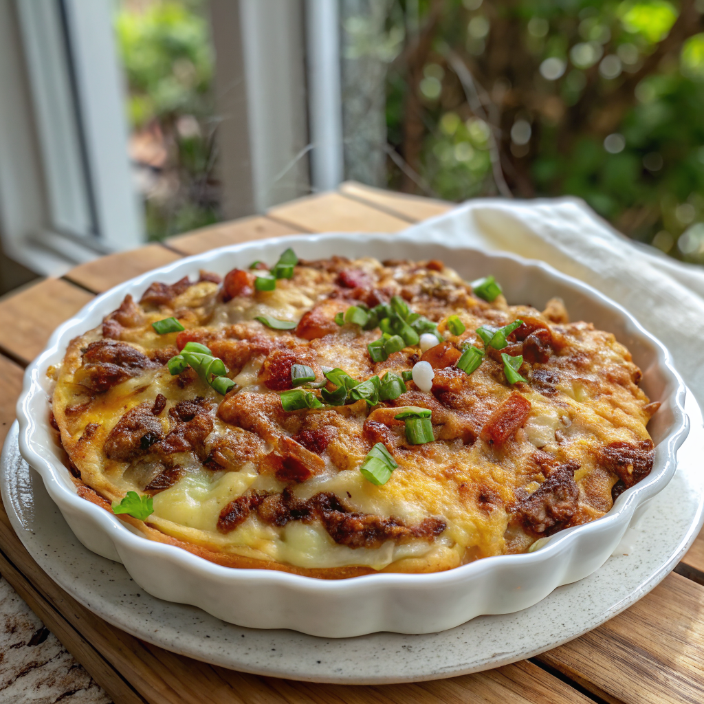 Beautifully plated fluffy pancake smoked beef casserole with golden brown surface and perfect square portions drizzled with maple syrup