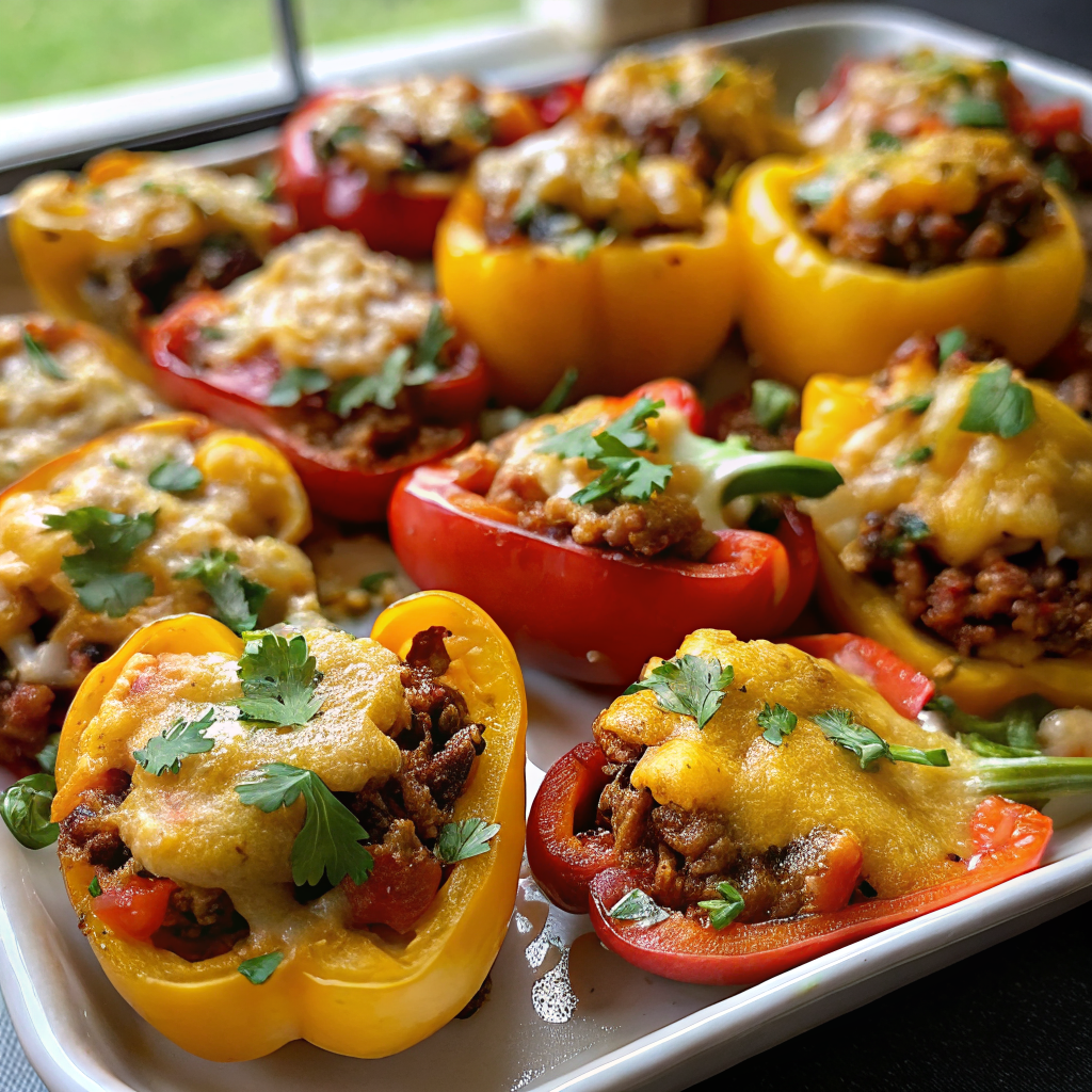 Finished Skinny Bell Pepper Nacho Boats with melted cheese and garnishes on a white serving platter