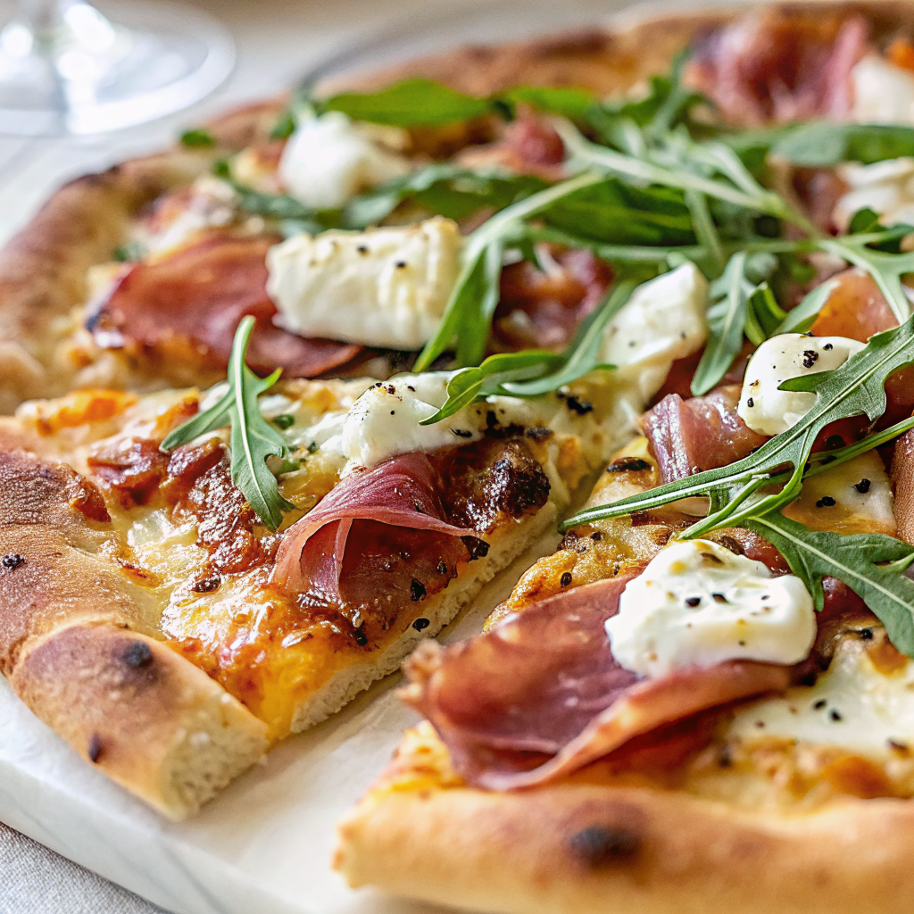 Finished cured beef ricotta pizza with perfectly arranged toppings, golden crust, and artistic honey drizzle on rustic wooden board