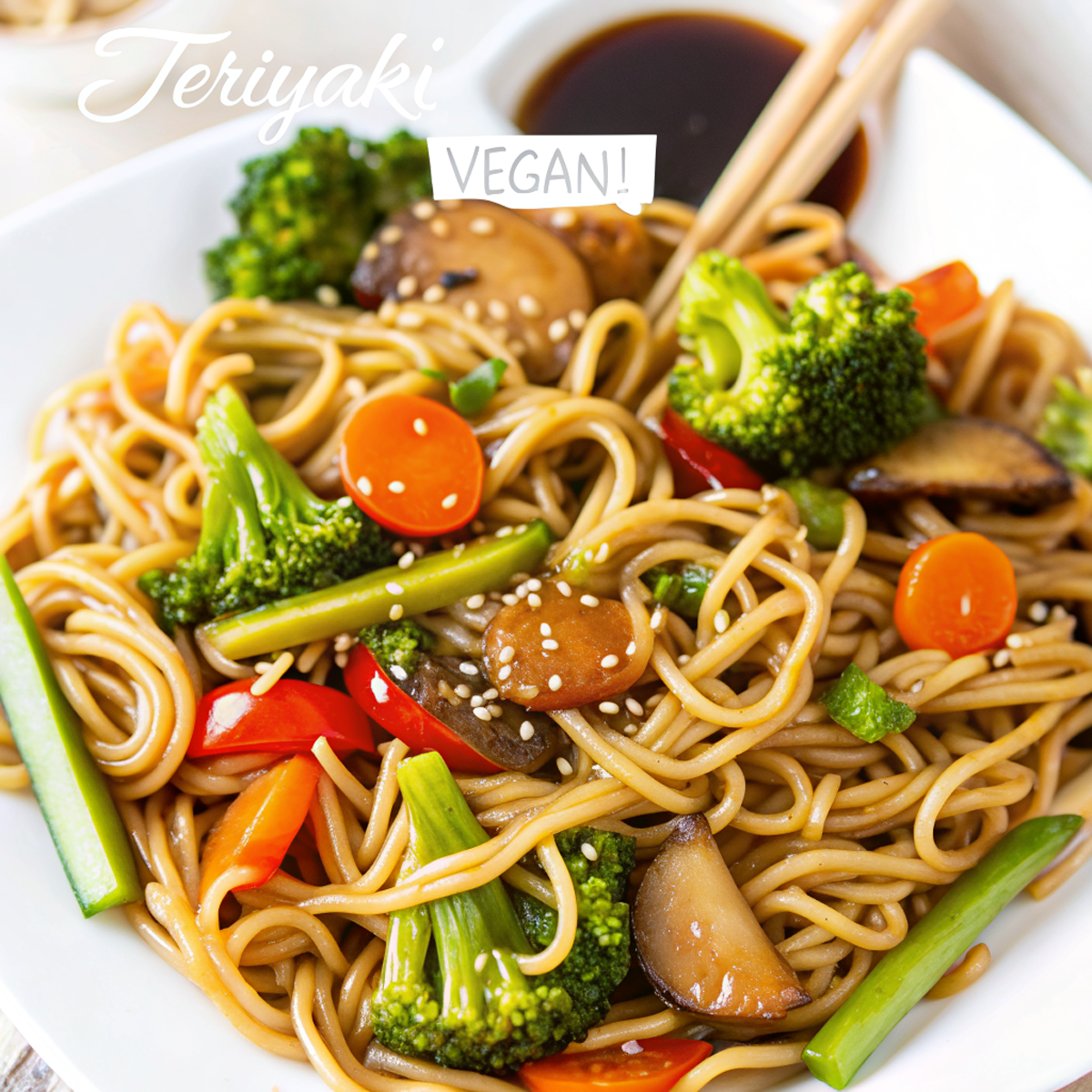 Final plated teriyaki noodles with perfect presentation showing glossy sauce coating, vibrant vegetables, and artistic garnish arrangement