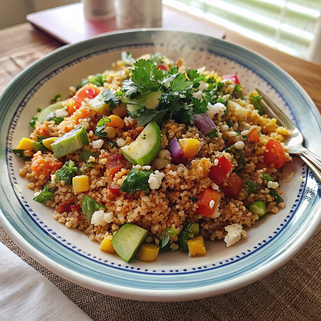 Beautiful finished Mexican Street Corn Quinoa Salad in a serving bowl with colorful vegetables and fresh cilantro garnish