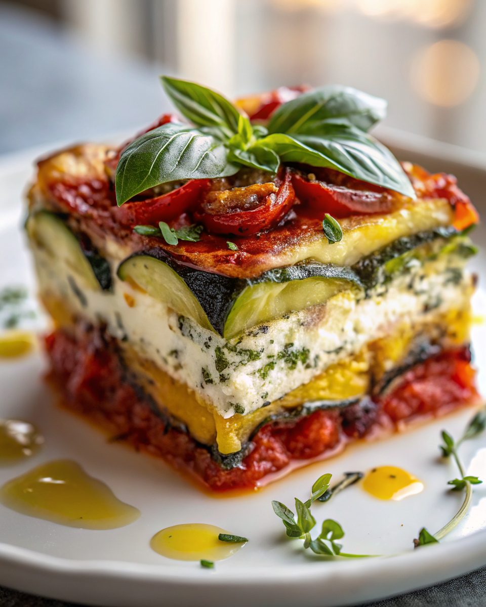 Beautifully sliced Layered Mediterranean Vegetable Lasagna with Creamy Ricotta showing distinct layers of roasted vegetables, creamy ricotta, and melted cheese, garnished with fresh basil