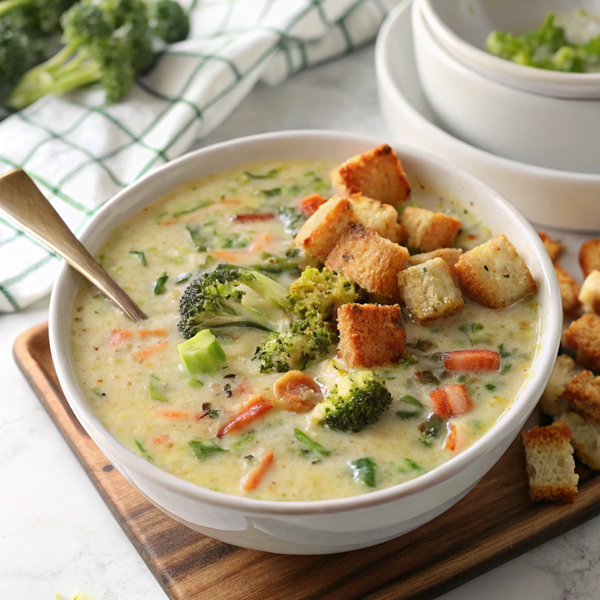Final bowl of creamy smoked gouda broccoli soup garnished with fresh herbs and served with crusty bread, steam rising from the rich, golden soup