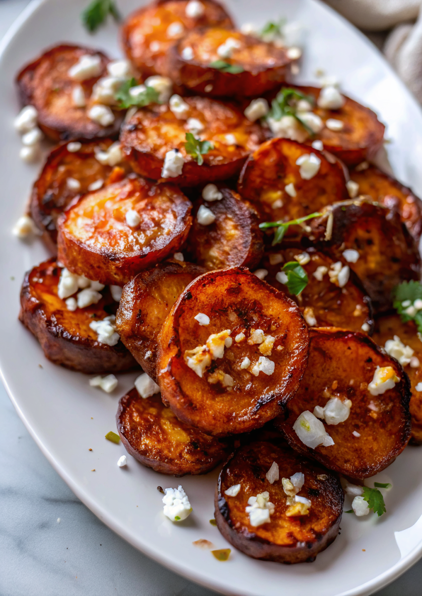Beautifully plated roasted sweet potato rounds with honey and feta, garnished with fresh herbs, showing perfect golden caramelization and artistic presentation