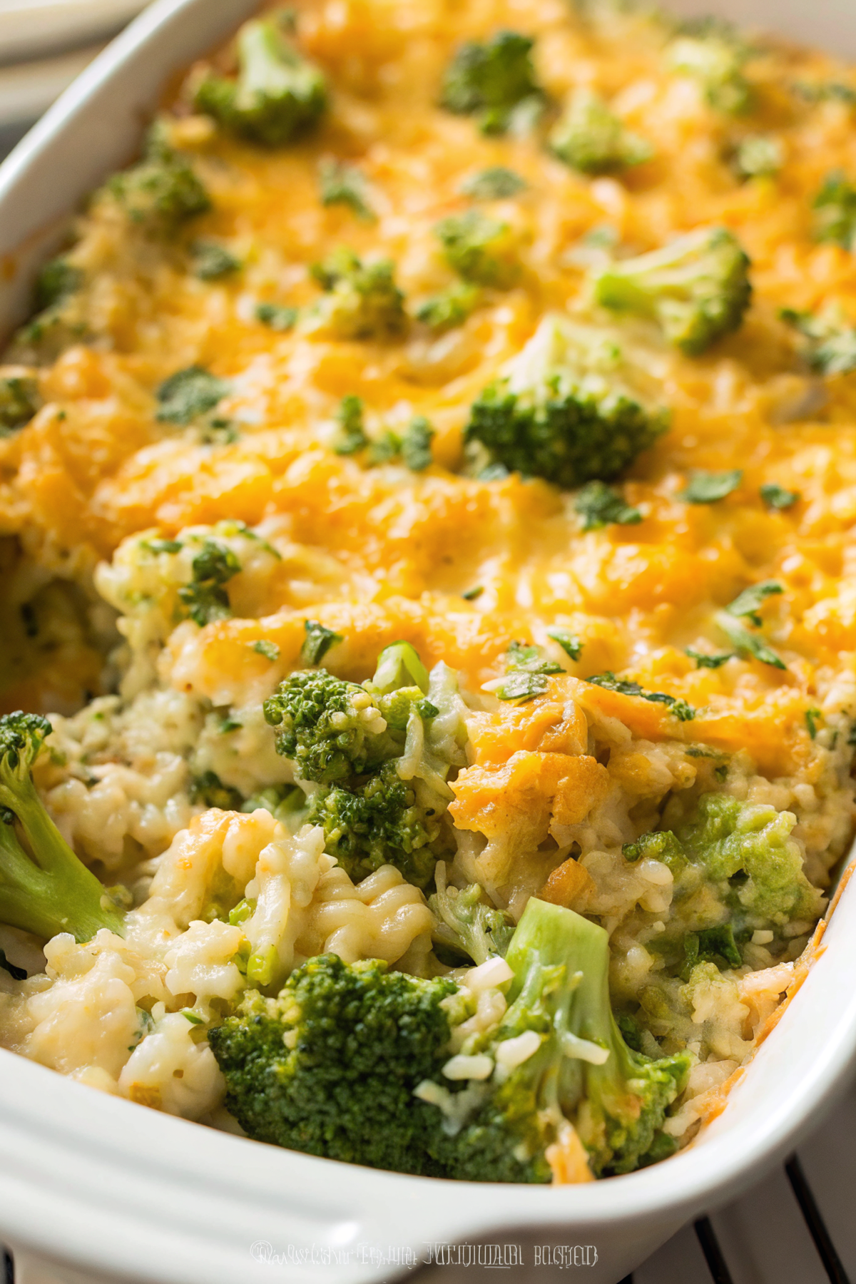 Perfect golden-brown broccoli rice casserole with melted cheese topping and vibrant green broccoli florets visible throughout, served in an elegant white casserole dish