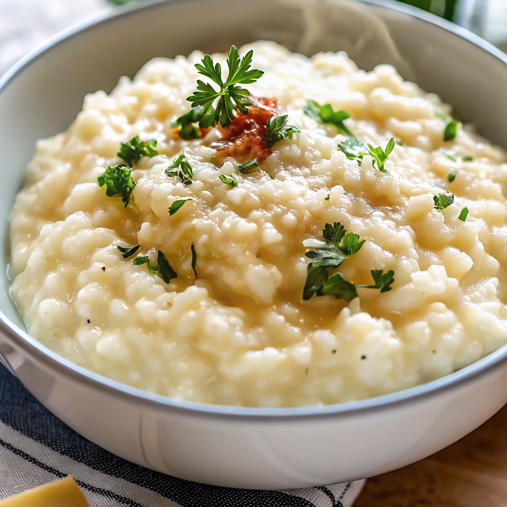A beautiful bowl of creamy Parmesan risotto garnished with fresh herbs and extra cheese, photographed from above