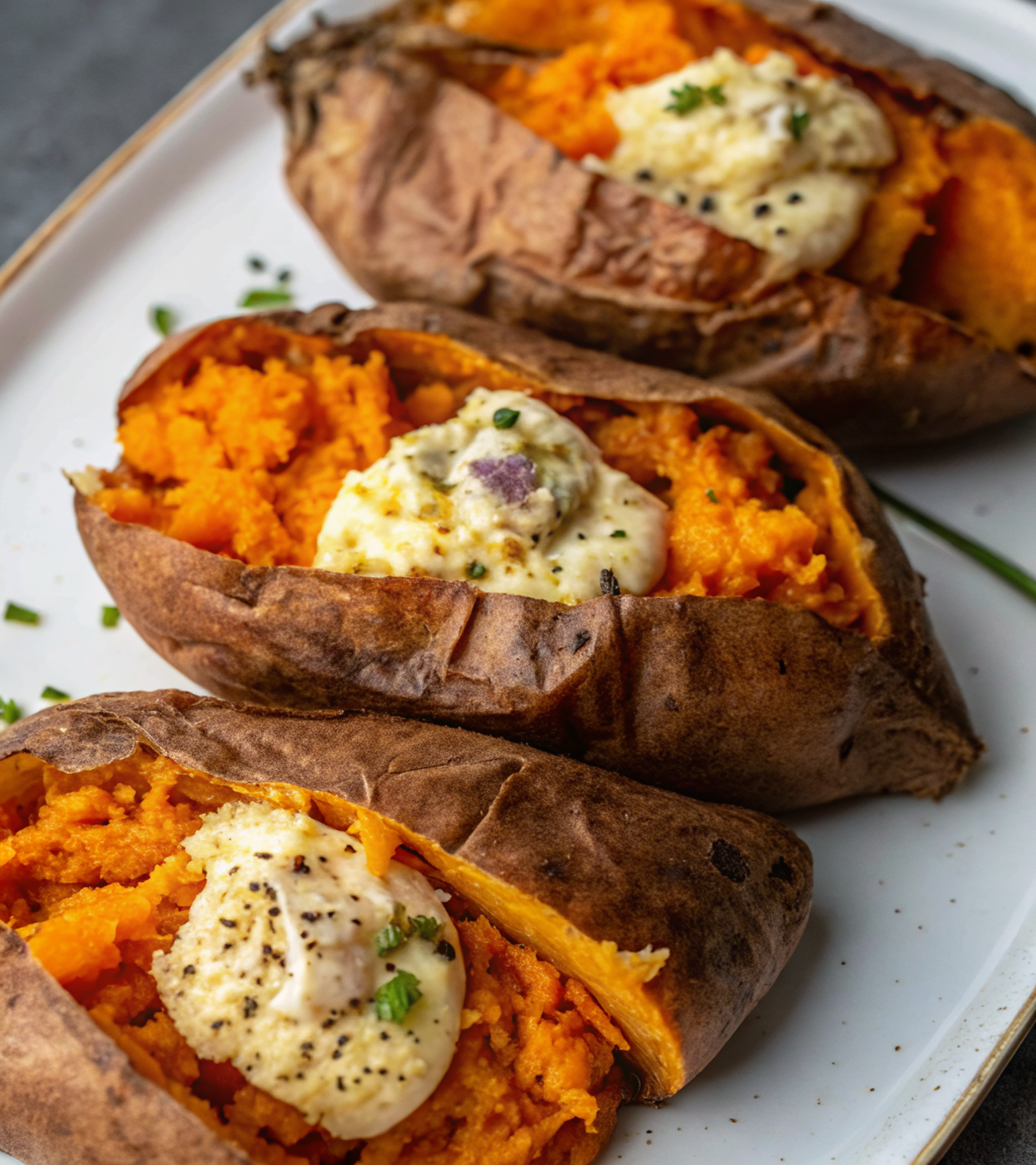 Beautifully plated Traeger smoked sweet potatoes split open with melting roasted garlic butter rounds on elegant white plate