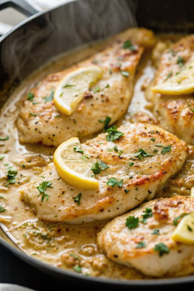 Finished one skillet chicken with lemon garlic cream sauce garnished with fresh herbs