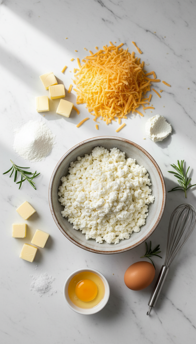 Beautifully arranged ingredients for air fryer cheddar biscuits including cottage cheese, shredded cheddar, flour, and fresh herbs on a marble surface