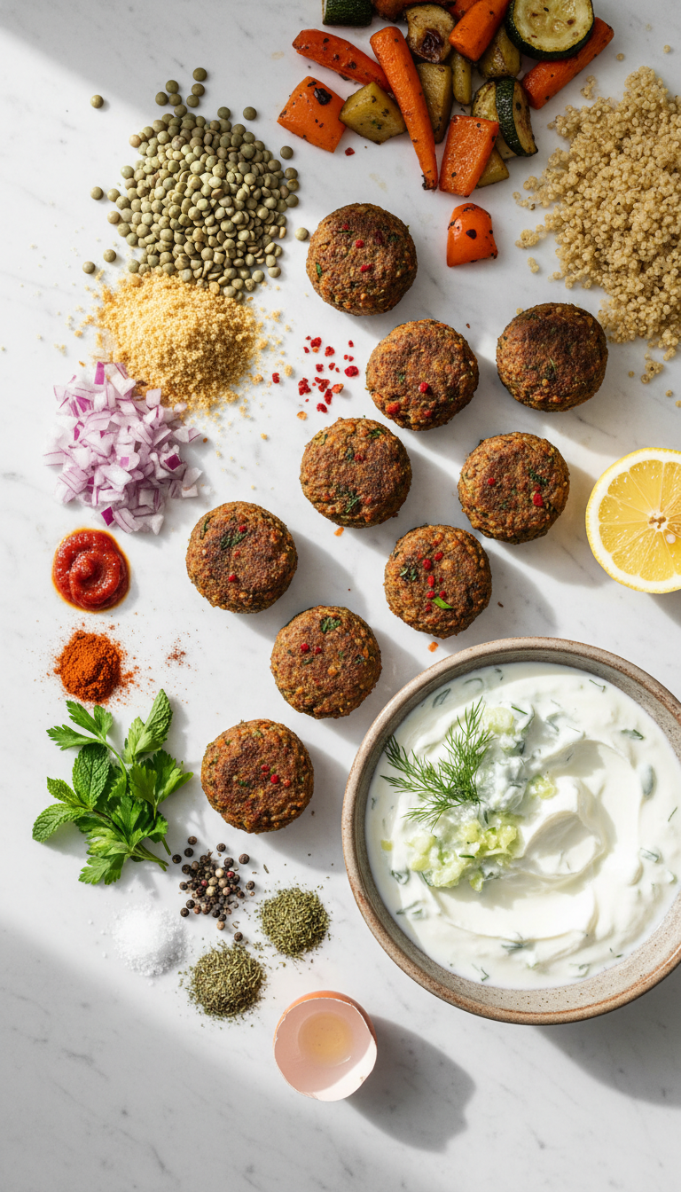 Fresh ingredients for baked Greek lentil meatballs with tzatziki including cooked lentils, herbs, yogurt, and cucumber
