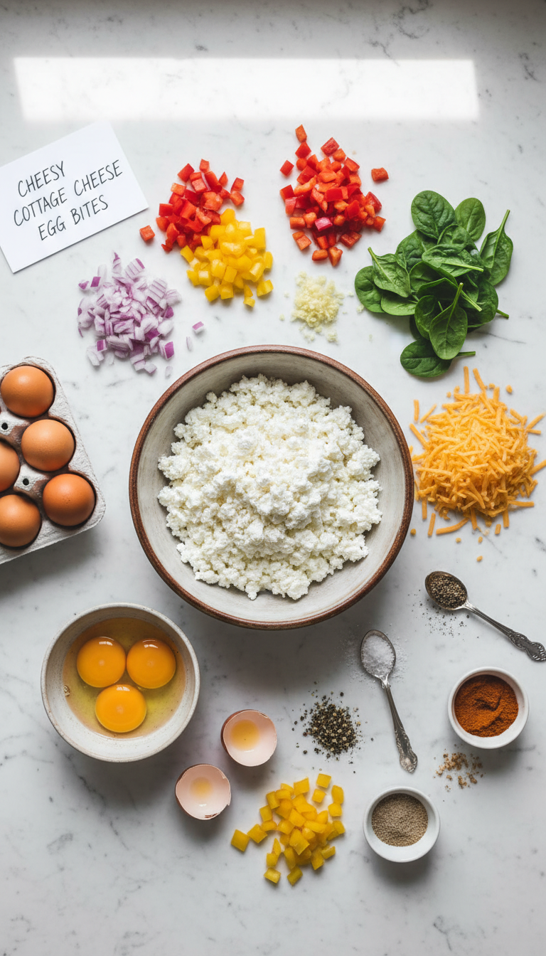 Fresh ingredients for cheesy cottage cheese egg bites including cottage cheese, eggs, cheddar cheese, and colorful vegetables arranged on a kitchen counter