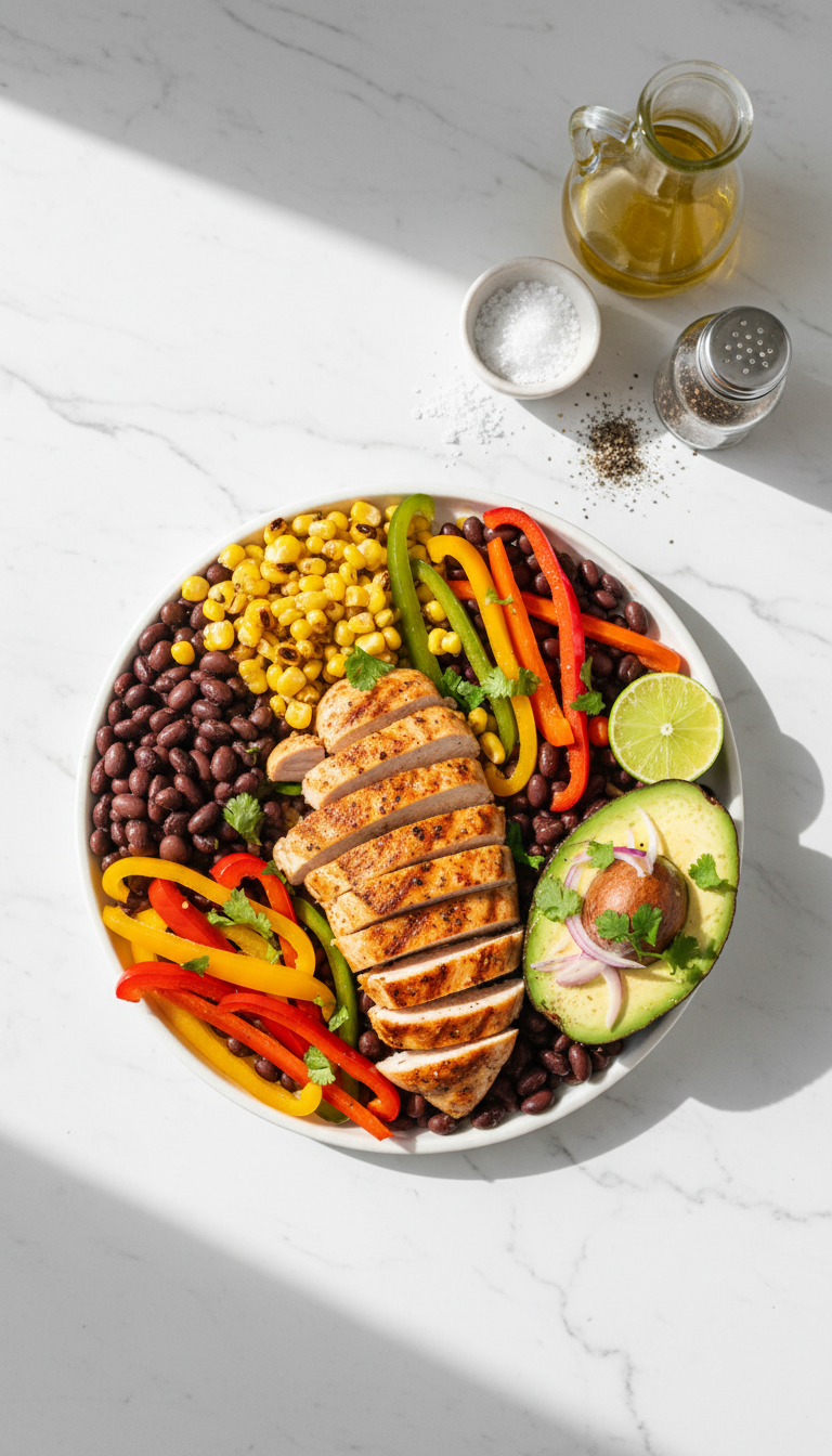 Fresh ingredients for chipotle lime chicken salad arranged on marble surface including shredded chicken, black beans, corn, bell peppers, avocado, red onion, cilantro, and lime