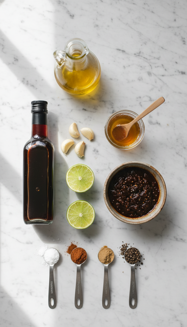 Fresh ingredients for chipotle vinaigrette including olive oil, red vinegar, honey, chipotles in adobo, garlic, lime, and spices arranged on a marble surface